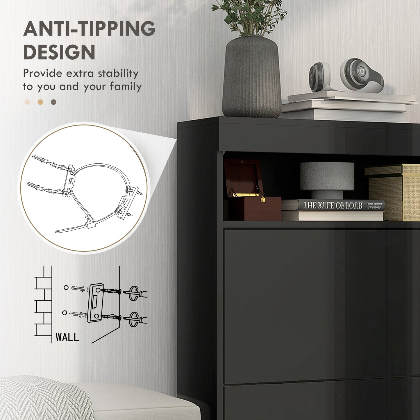 Wall Mounted or Freestanding Shoe Cabinet with 2 Flip Drawers, Black