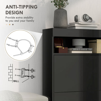 Wall Mounted or Freestanding Shoe Cabinet with 2 Flip Drawers, Black