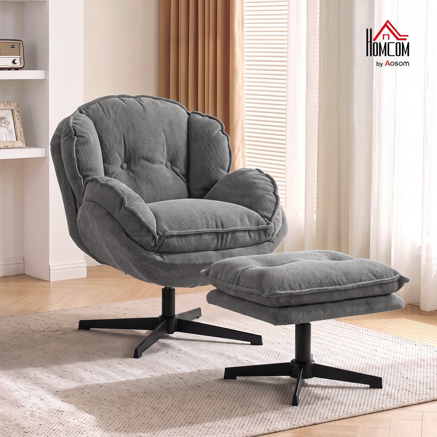 Armchair w/ Footstool, 360-Degree Swivel Accent Chair, Grey