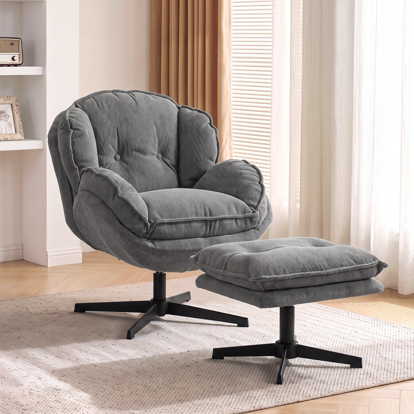 Armchair w/ Footstool, 360-Degree Swivel Accent Chair, Grey