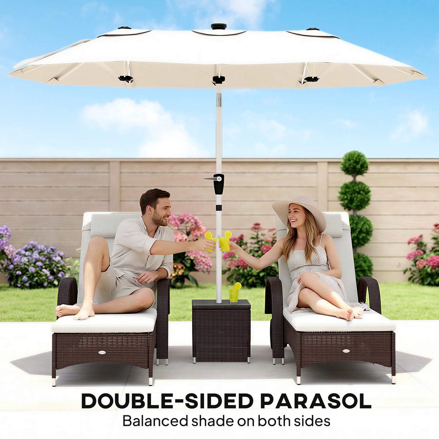 3 m Double-Sided Garden Parasol with Solar Lights, Cream White