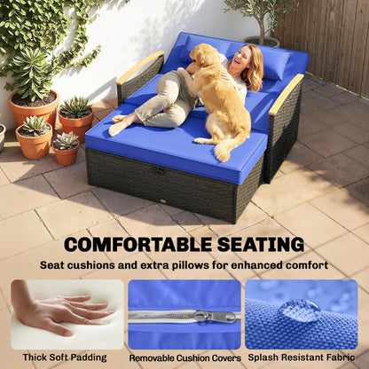 Double Garden Rattan Daybed with Storage Ottoman, Brown