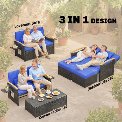 Double Garden Rattan Daybed with Storage Ottoman, Brown