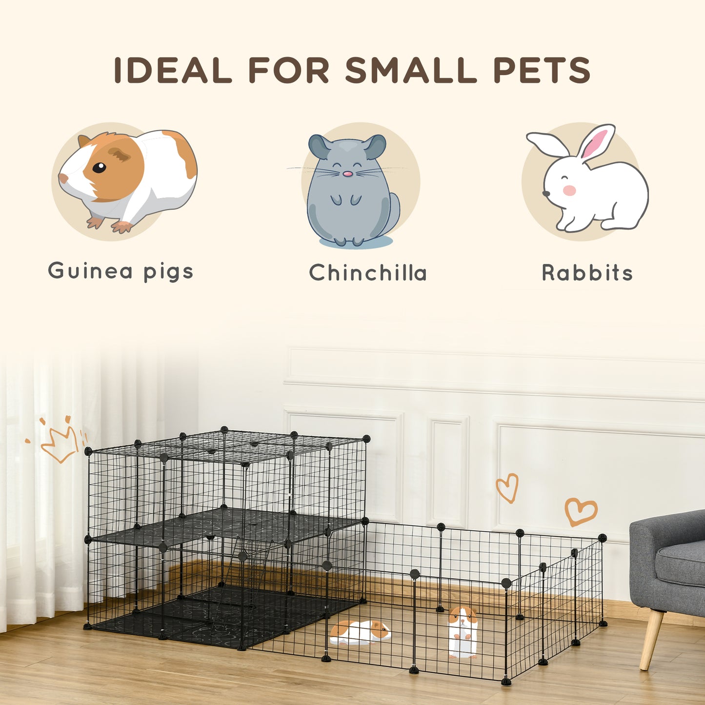 Pet Playpen with Door, Guinea Pigs Mesh Cage for Small Animal, Black