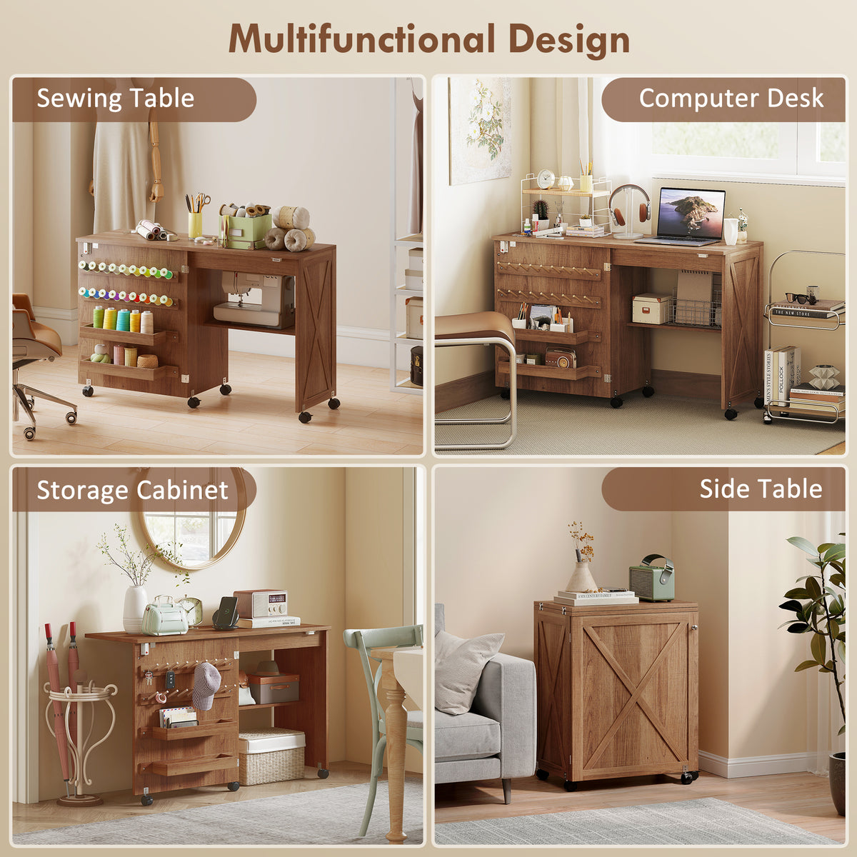 Folding Sewing Table, Craft Table with Storage compartments, Brown