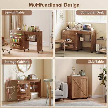 Folding Sewing Table, Craft Table with Storage compartments, Brown