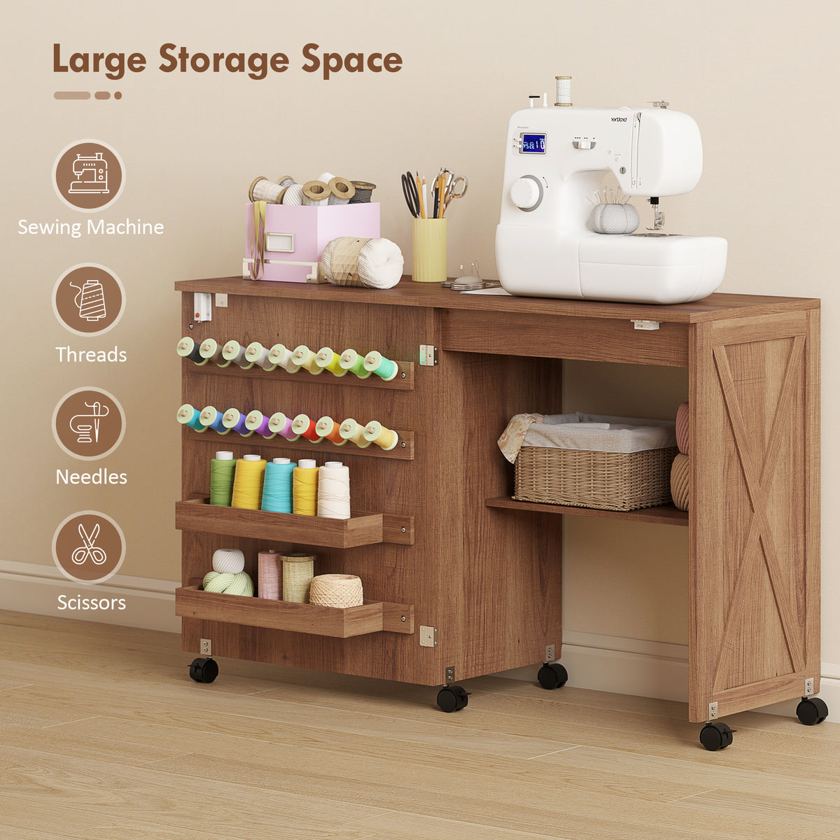 Folding Sewing Table, Craft Table with Storage compartments, Brown