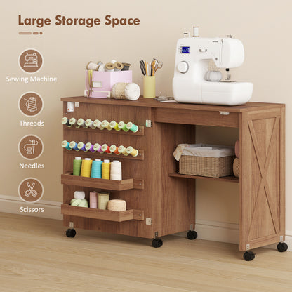 Folding Sewing Table, Craft Table with Storage compartments, Brown