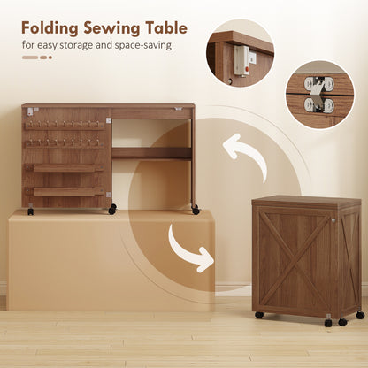 Folding Sewing Table, Craft Table with Storage compartments, Brown
