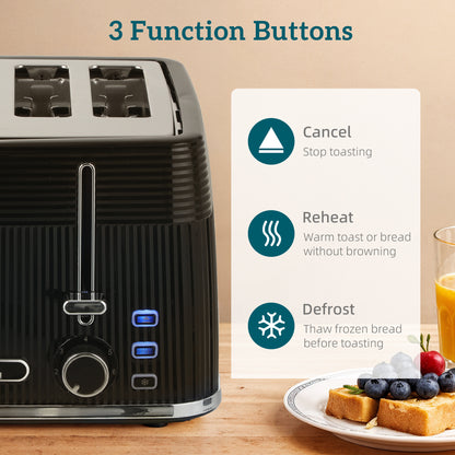 4 Slice Toaster with 7 Browning Levels, Reheat/Defrost/Cancel Functions, Self-centring Function, Electric Toaster with Removable Crumb Tray, 1860W, Black
