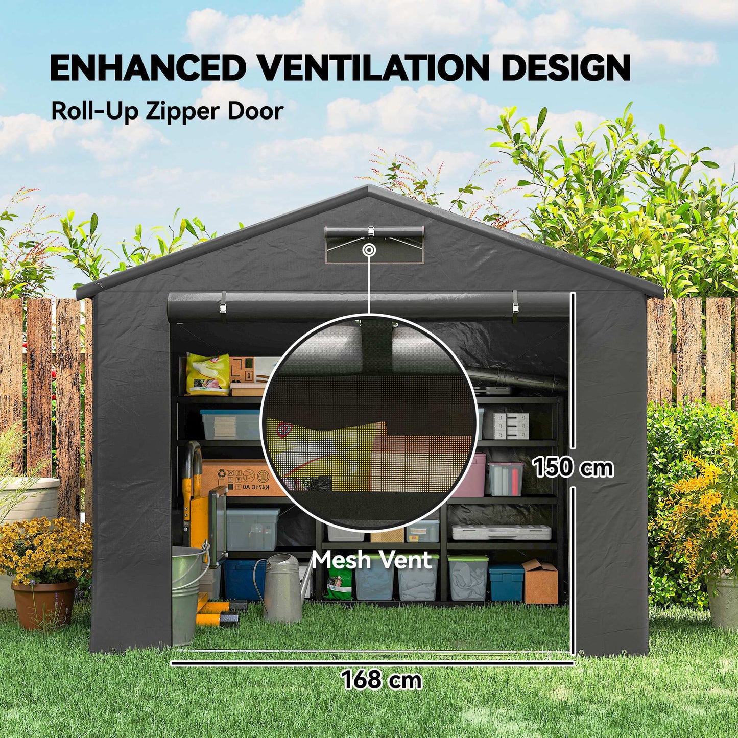 8 x 4 ft Garden Storage Shed with Roll-up Zipper Door, Dark Grey