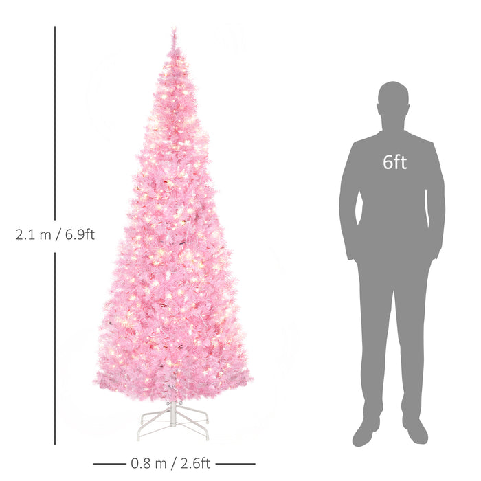 7' Tall Prelit Pencil Slim Artificial Christmas Tree with Realistic Branches, 350 Warm White LED Lights and 818 Tips, Xmas Decoration, Pink