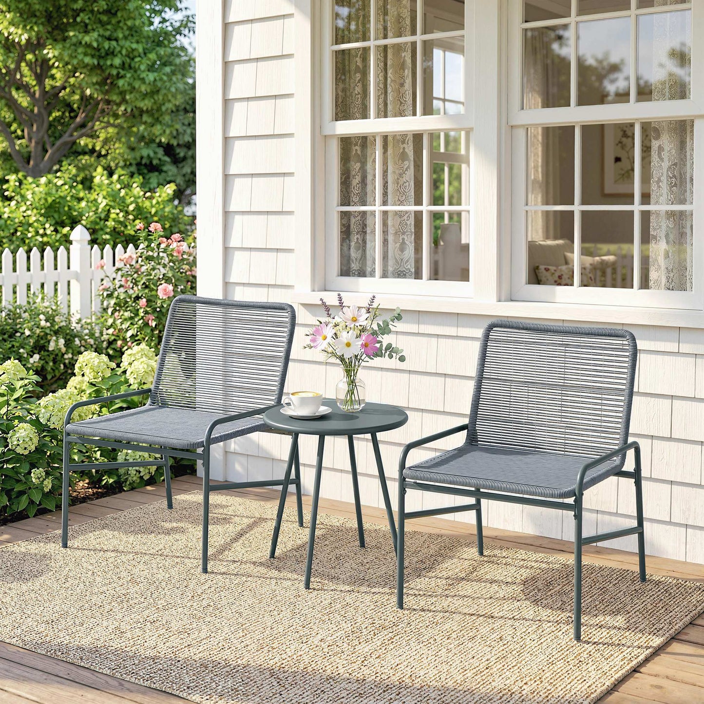 Rattan Bistro Set with 2 Chairs & Round Table for Patio, Dark Grey
