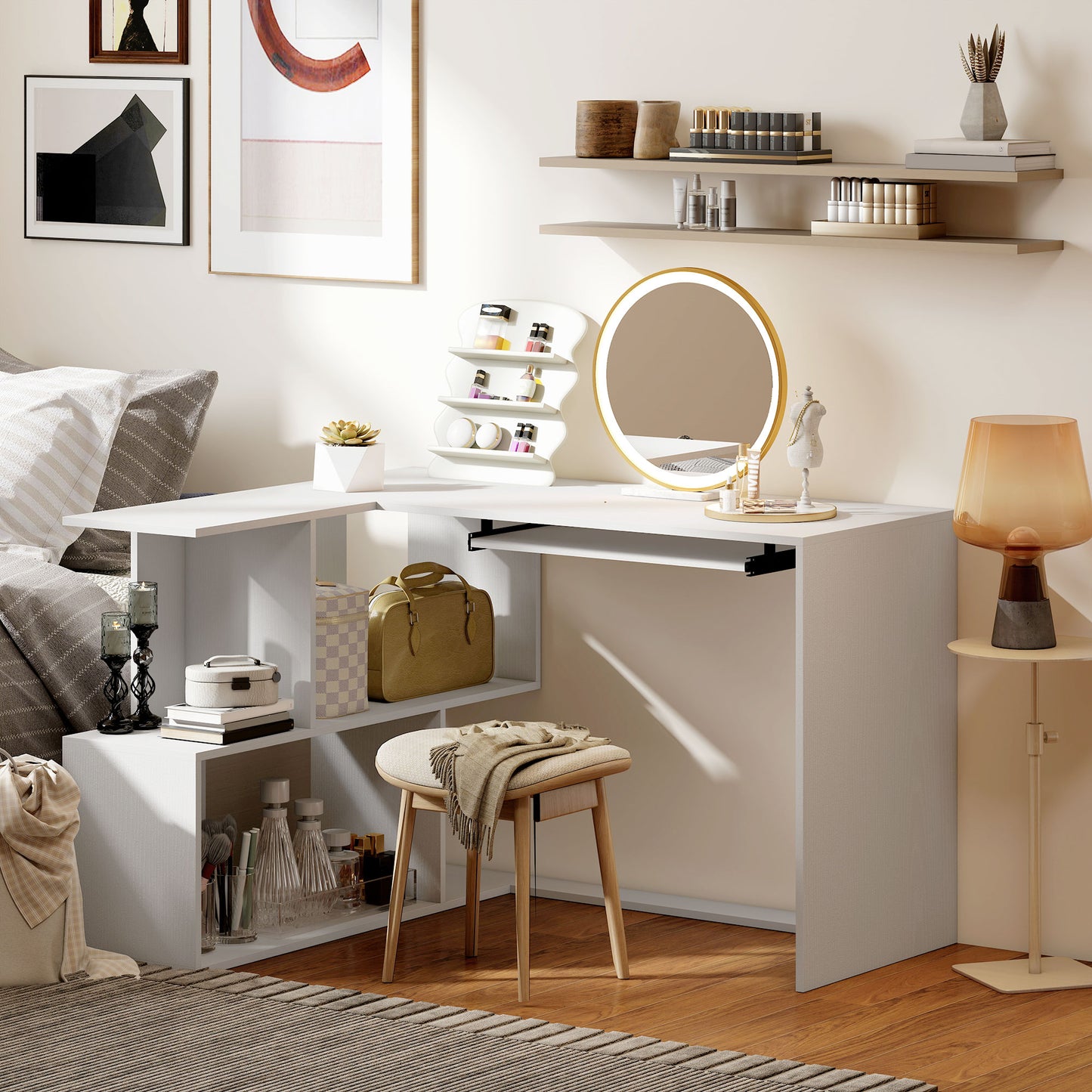 L-Shaped Corner Desk with Keyboard Tray, Computer Desk for Home Office with 4 Open Shelves, Space-Saving Study Workstation, 120 x 100 x 76 cm, White Wood Effect