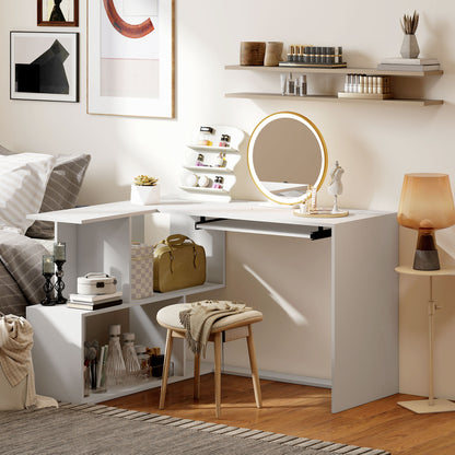 L-Shaped Corner Desk with Keyboard Tray, Computer Desk for Home Office with 4 Open Shelves, Space-Saving Study Workstation, 120 x 100 x 76 cm, White Wood Effect