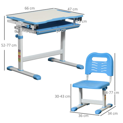 Kids Desk and Chair Set Height Adjustable Student Writing Desk Children School Study Table with Tiltable Desktop, Drawer, Pen Slot, Hook Blue