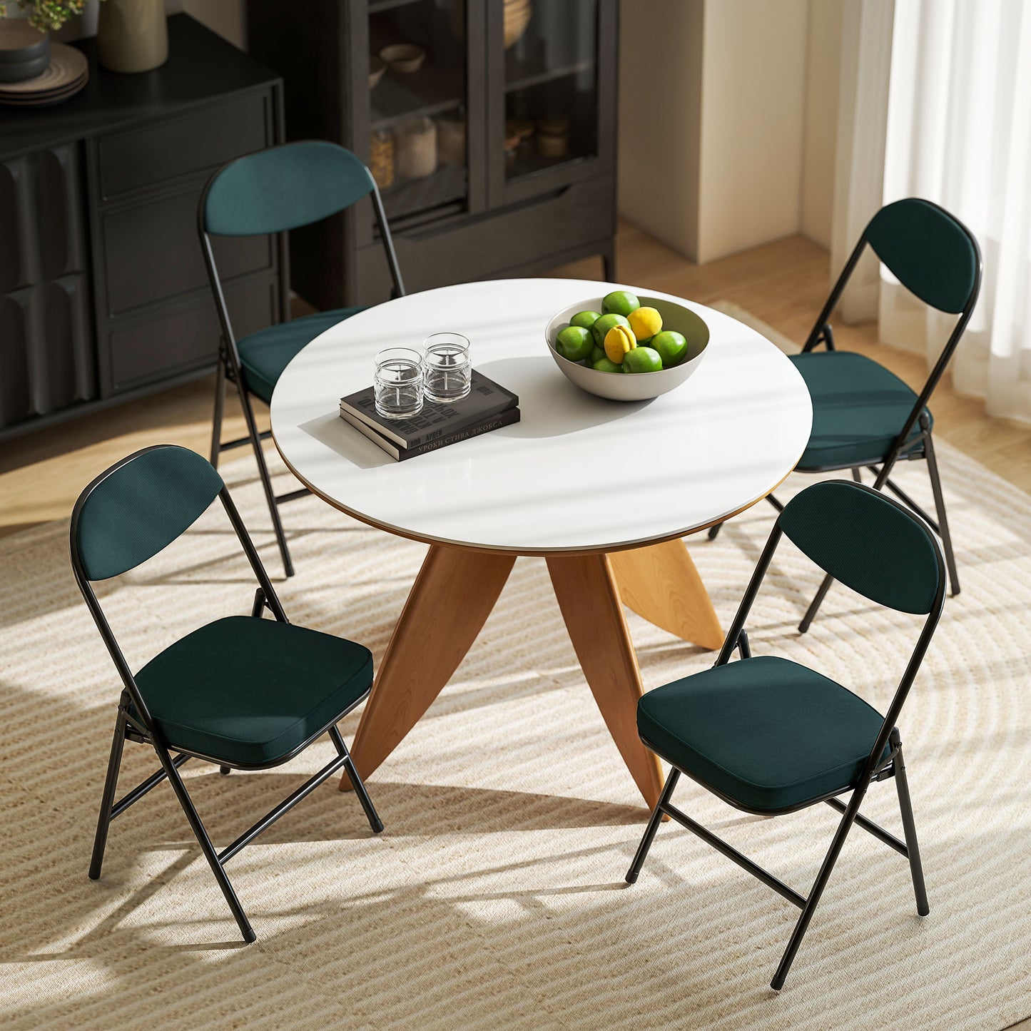 Folding Chairs Set of 4 with Cushioned Seat, Steel Frame, Teal