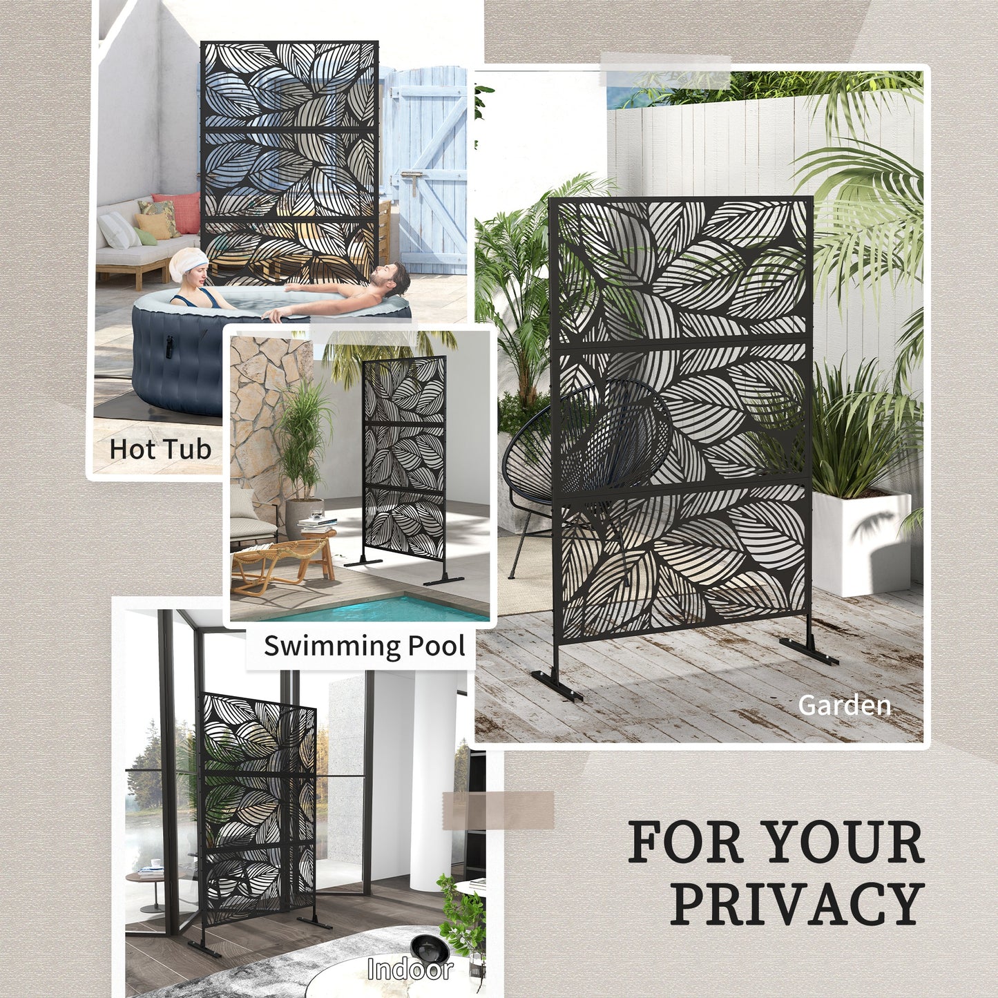 Metal Decorative Privacy Screen Outdoor Divider, Black Leaf