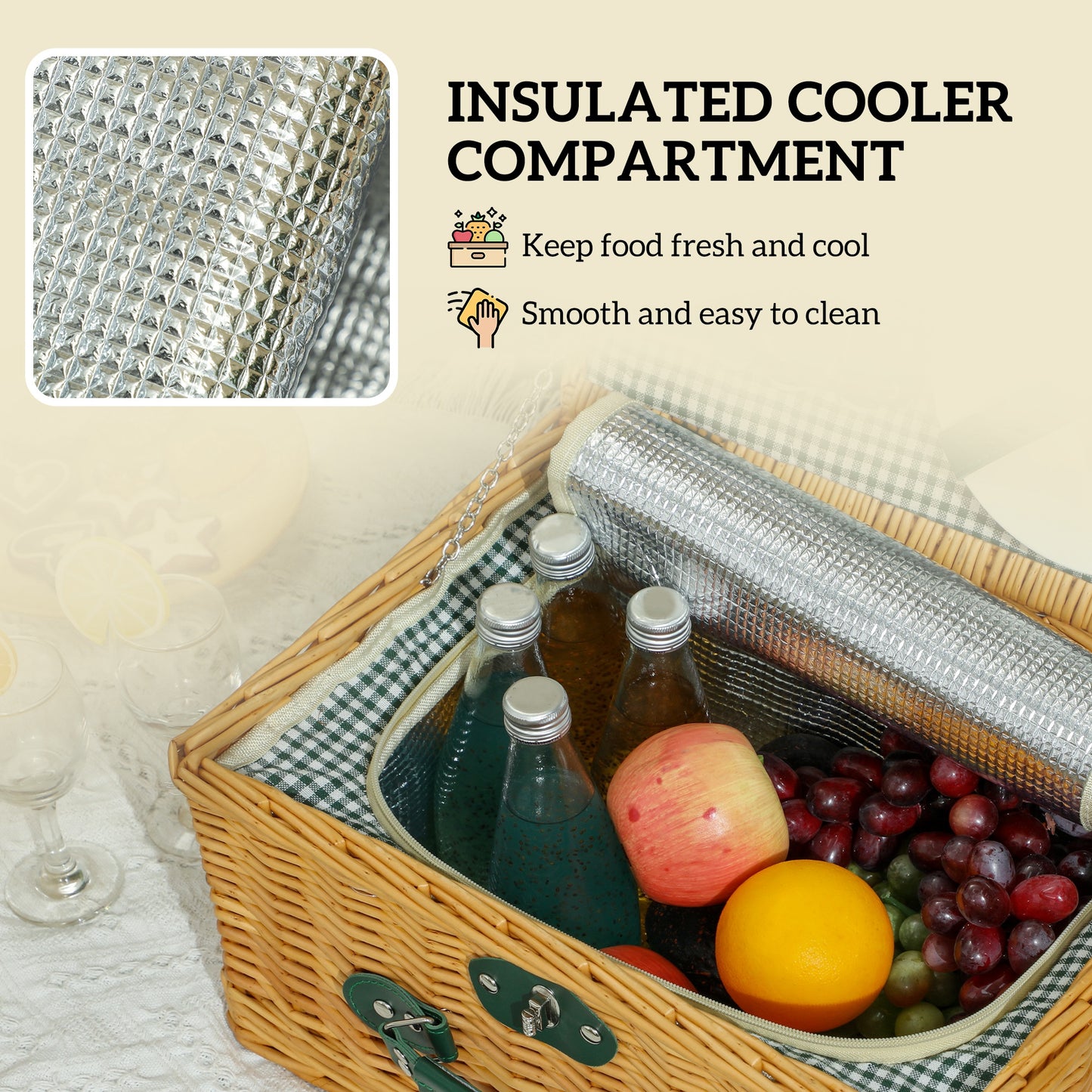 Wicker Picnic Basket for 2 w/ Insulated Cooler Bag, Light Brown
