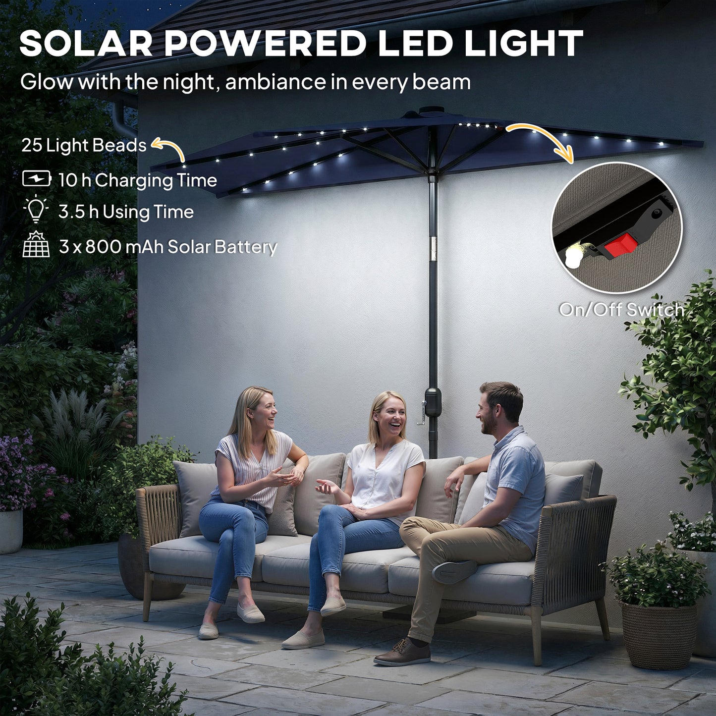 2.6 m Half Parasol with Solar Lights, UPF50+ Semi Round Umbrella