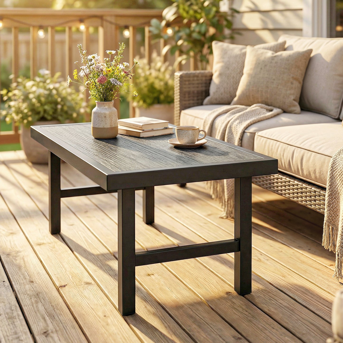 Garden Coffee Table with SPC Woodgrain Tabletop, Dark Grey