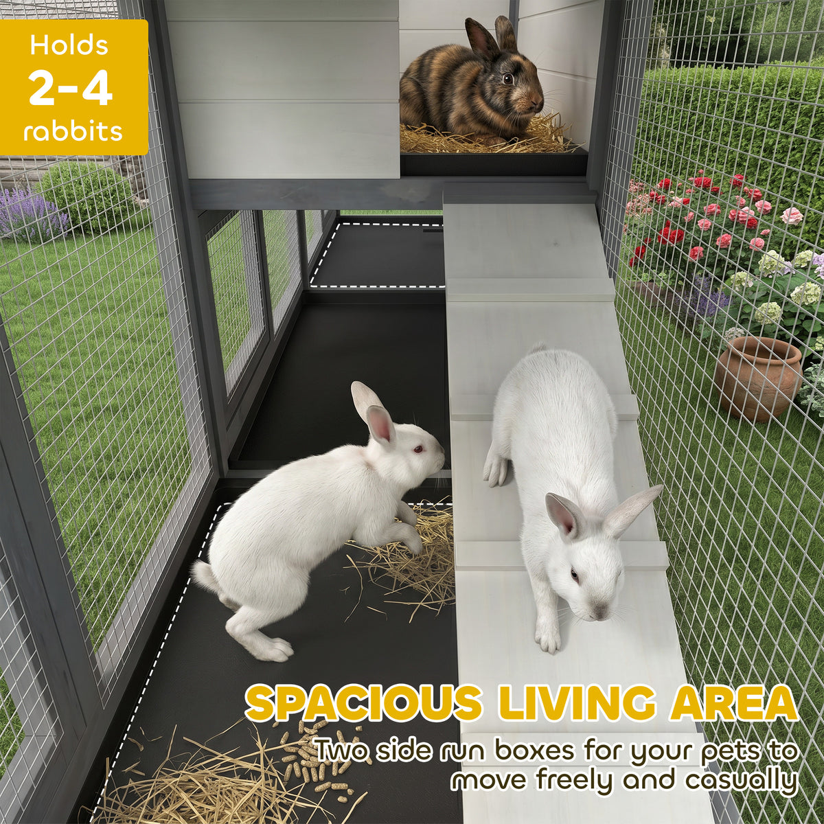Rabbit Hutch, Guinea Pig Hutch, 2-Tier Bunny House w/ Run, Grey