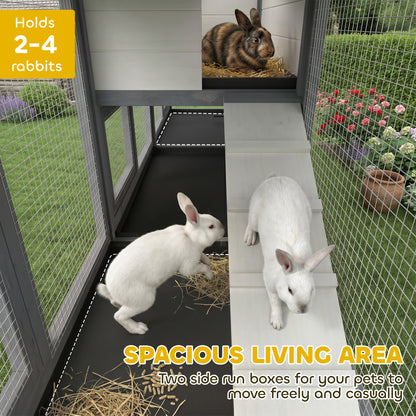 Rabbit Hutch, Guinea Pig Hutch, 2-Tier Bunny House w/ Run, Grey