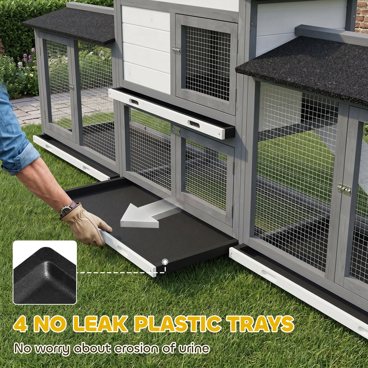 Rabbit Hutch, Guinea Pig Hutch, 2-Tier Bunny House w/ Run, Grey