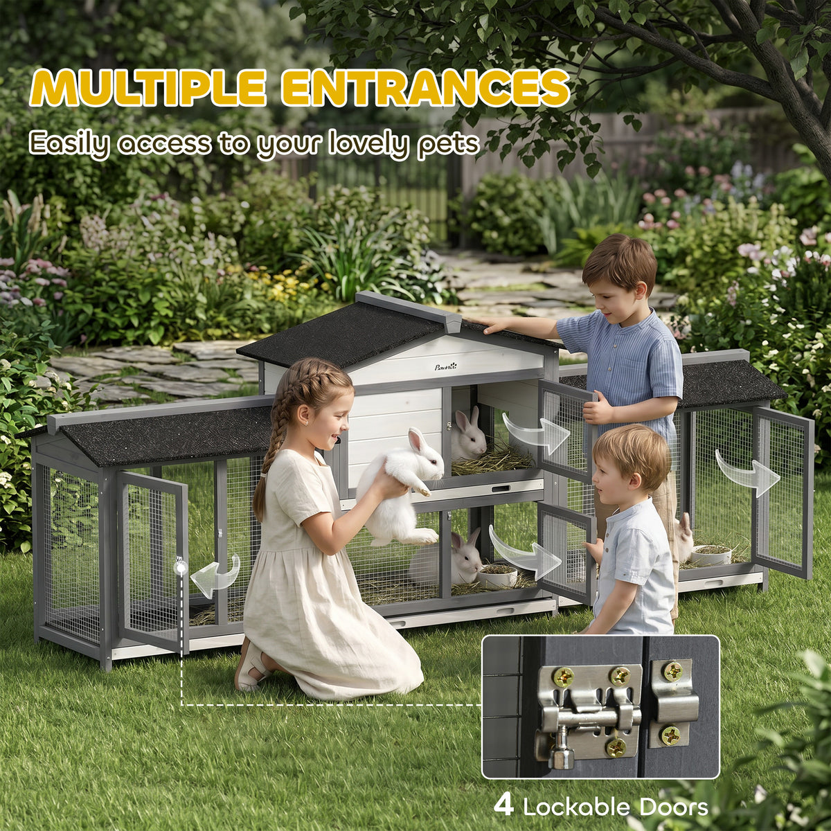 Rabbit Hutch, Guinea Pig Hutch, 2-Tier Bunny House w/ Run, Grey