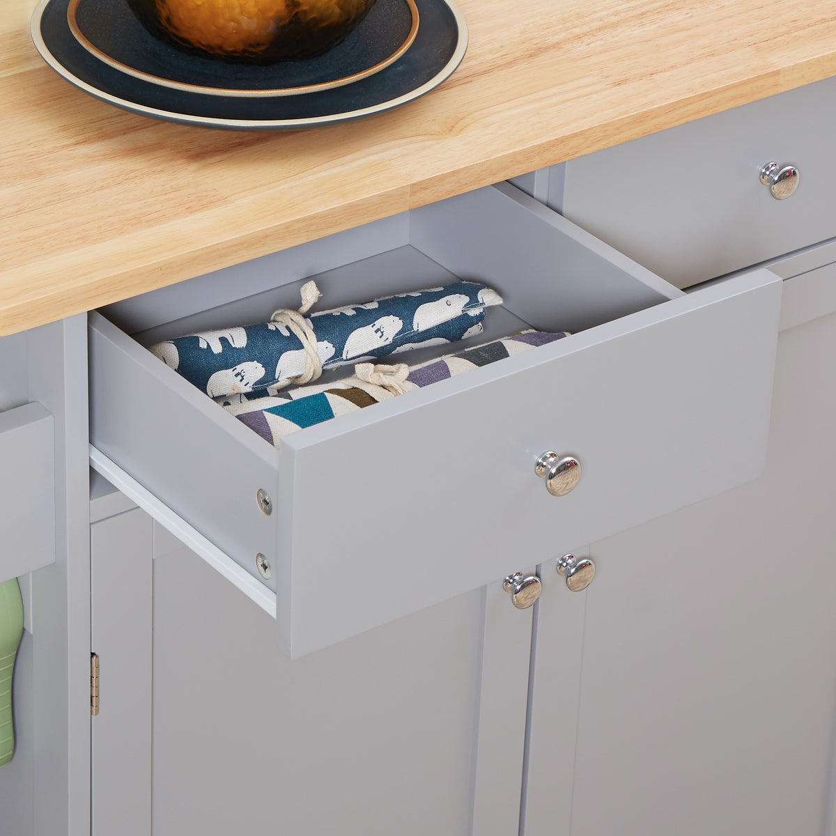 Rolling Kitchen Island, Utility Serving Cart with Rubber Wood Top Grey