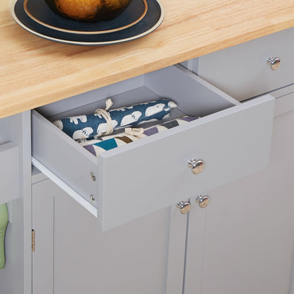 Rolling Kitchen Island, Utility Serving Cart with Rubber Wood Top Grey