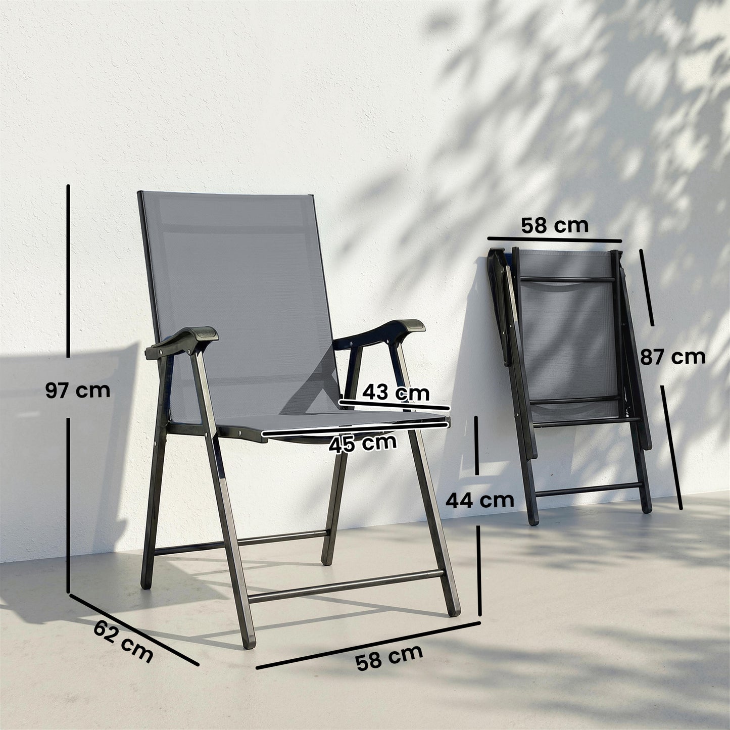 Folding Garden Chairs Set of 2 with High Back, Armrests, Light Grey