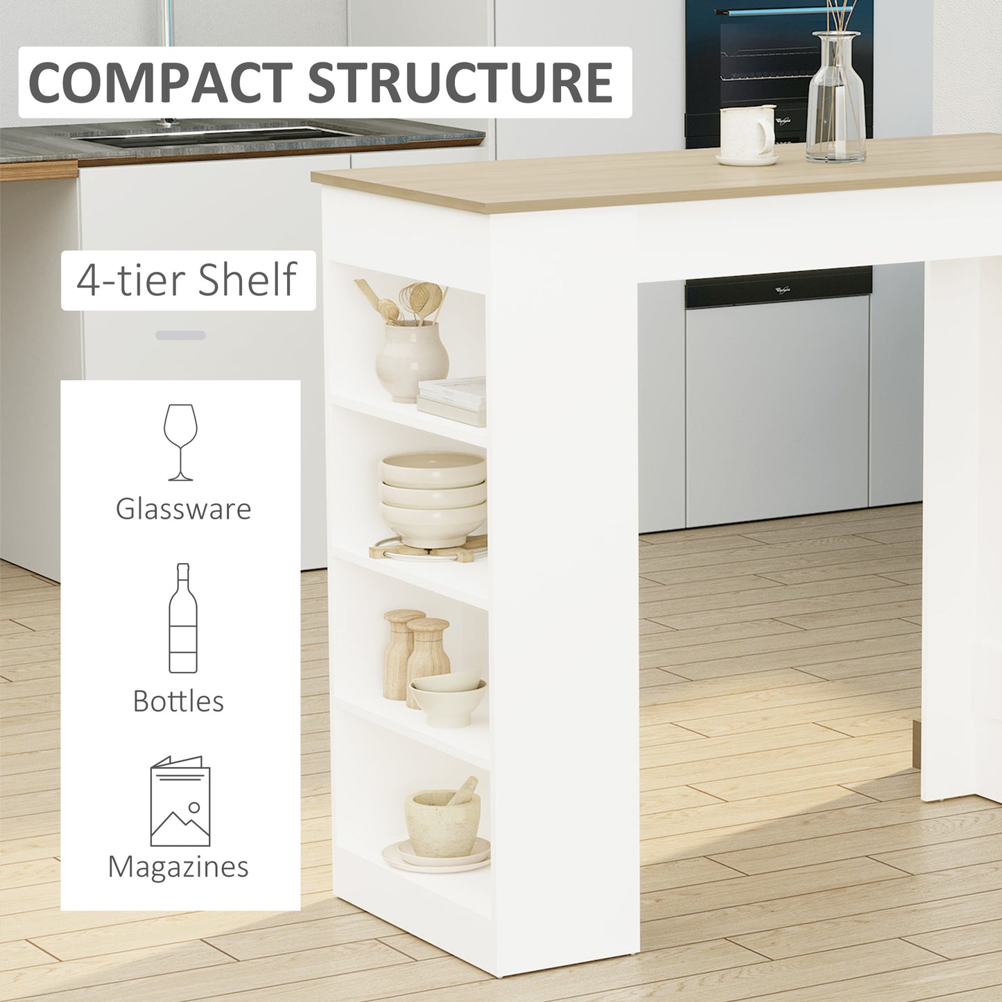 Bar Table Coffee Table Kitchen Dining Table with 4-Tier Shelf Natural