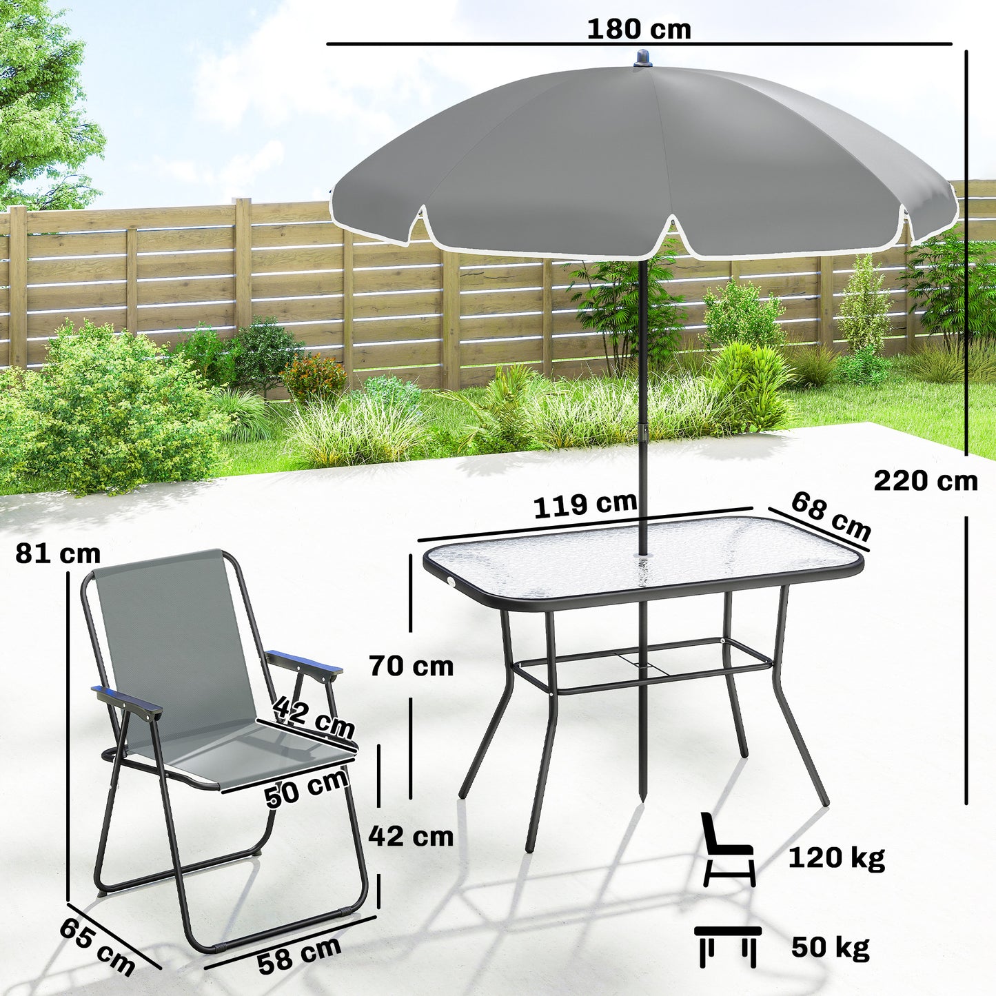 8 Piece Garden Dining Set with 6 Folding Chairs and Umbrella, Grey