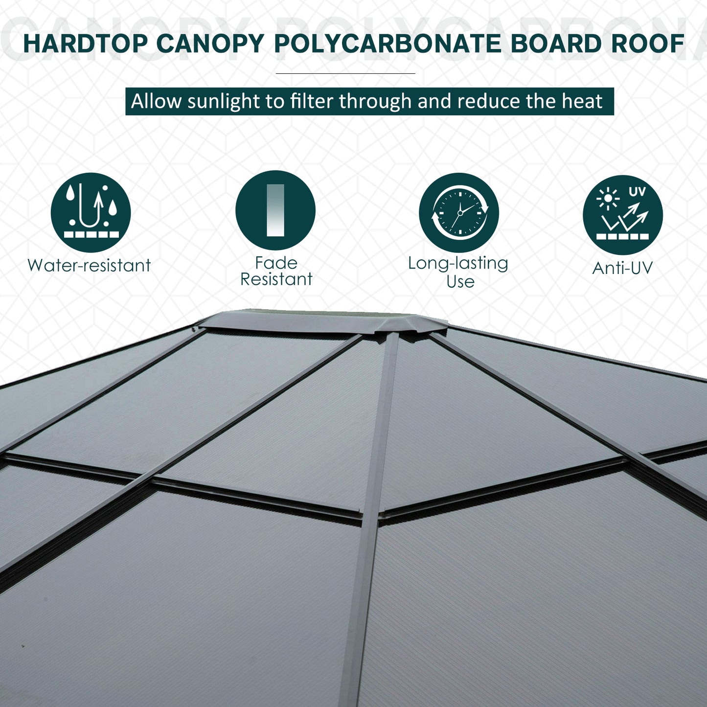 Outsunny 3 x 3.6m Polycarbonate Hard Top Gazebo with LED Solar Light and Aluminium Frame, Garden Pavilion with Mosquito Netting and Curtains