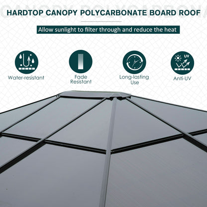Outsunny 3 x 3.6m Polycarbonate Hard Top Gazebo with LED Solar Light and Aluminium Frame, Garden Pavilion with Mosquito Netting and Curtains