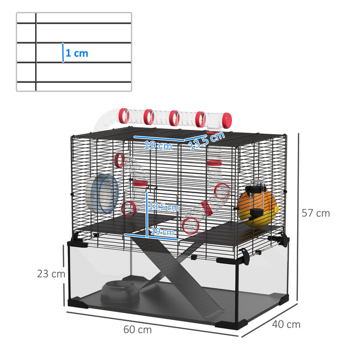 Gerbil Cage Dwarf Hamster Cage, with Deep Glass Bottom, Tunnels, Hut, Exercise Wheel, 60 x 40 x 57cm