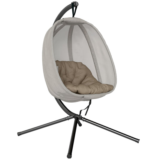 Folding Hanging Egg Chair w/ Cushion and Stand for Indoor Outdoor Khaki