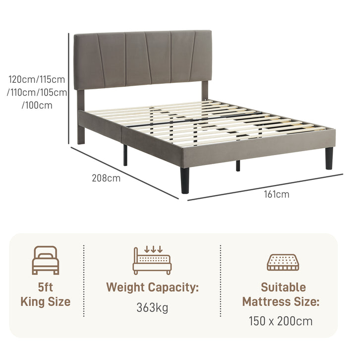 King Size Bed Frame with 5-Level Adjustable Headboard Wooden Slats