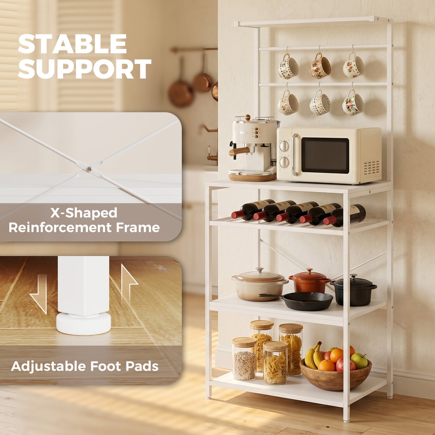 Freestanding Shelving Unit with 6 Hooks and Wine Rack, White