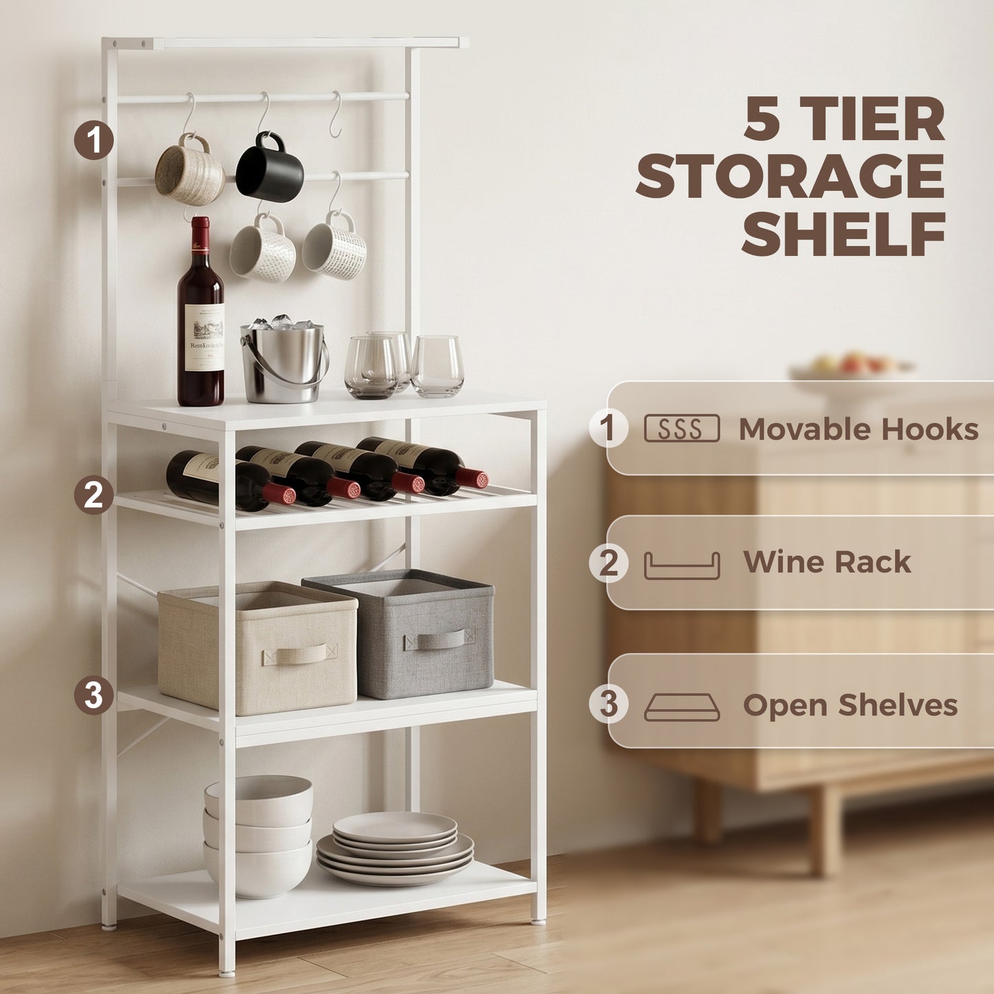 Freestanding Shelving Unit with 6 Hooks and Wine Rack, White