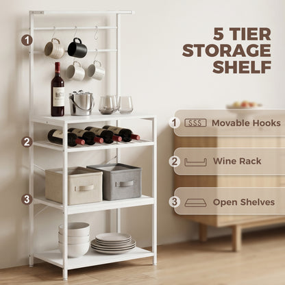 Freestanding Shelving Unit with 6 Hooks and Wine Rack, White