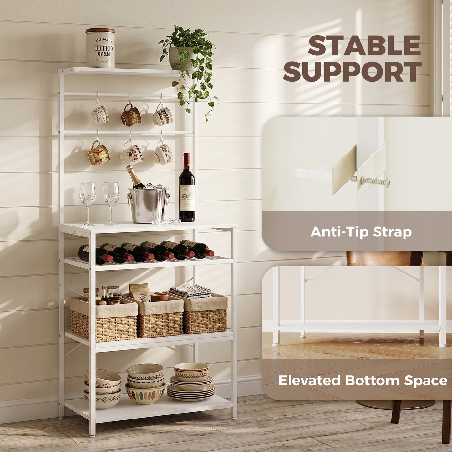 Freestanding Shelving Unit with 6 Hooks and Wine Rack, White