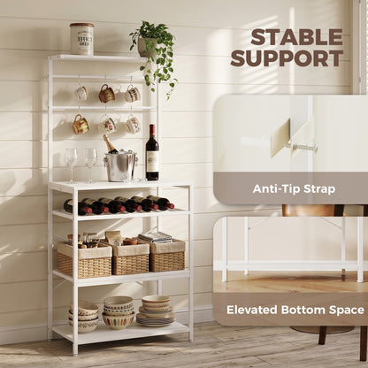 Freestanding Shelving Unit with 6 Hooks and Wine Rack, White