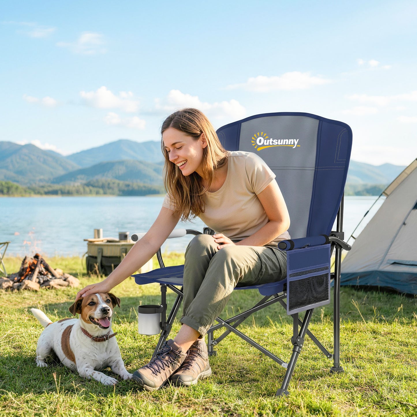Camping Chair Padded with Side Pocket Dark Blue