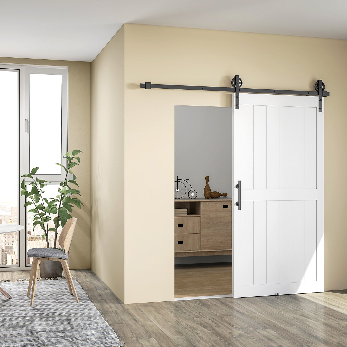 213.4cm Sliding Barn Door Kit, Sliding Door with Track, Hardware, Upgraded Rollers and Floor Guide, Industrial Handle, Water-Proof PVC Surface, White