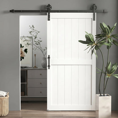 107 x 213 cm Sliding Barn Door with 213 cm Sliding Door Hardware Kit & Industrial Handle, Upgraded Rollers and Floor Guide, Waterproof Plastic Surface, Pre-Drilled Easy Assembly, White