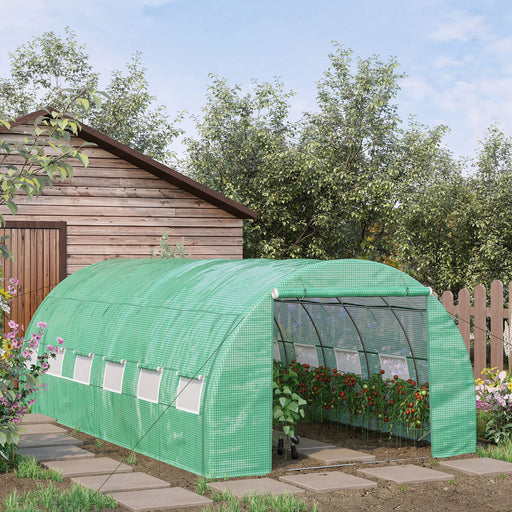 Polytunnel Greenhouse Walk-in Grow House Tent with Roll-up Sidewalls, Zipped Door and 12 Windows, 6x3x2m Green