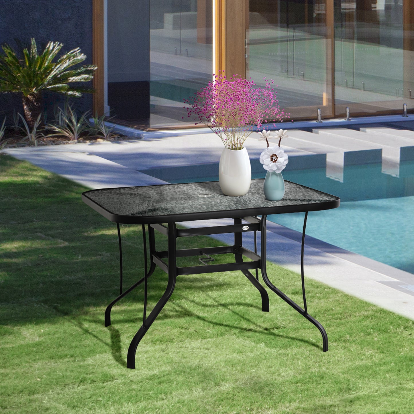 106.5cm Square Patio Dining Table with Parasol Hole, Glass Top