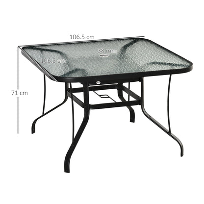 106.5cm Square Patio Dining Table with Parasol Hole, Glass Top